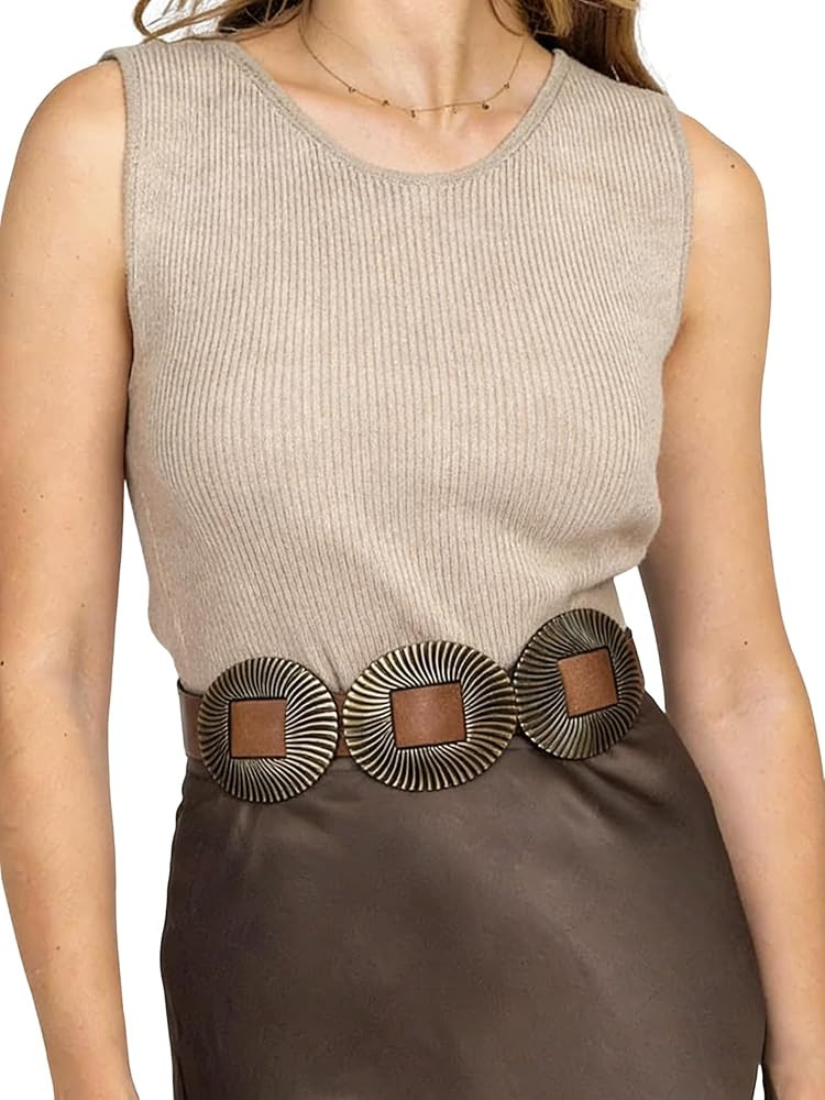 Womens Brown Western Concho Belt for Dress - Adjustable Fashion Wide-Disc-Belt Boho Style Belts | Amazon (US)