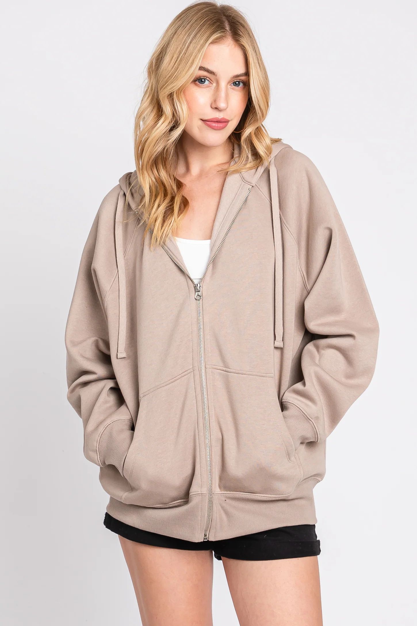 Taupe Front Zipper Hooded Sweater | PinkBlush Maternity