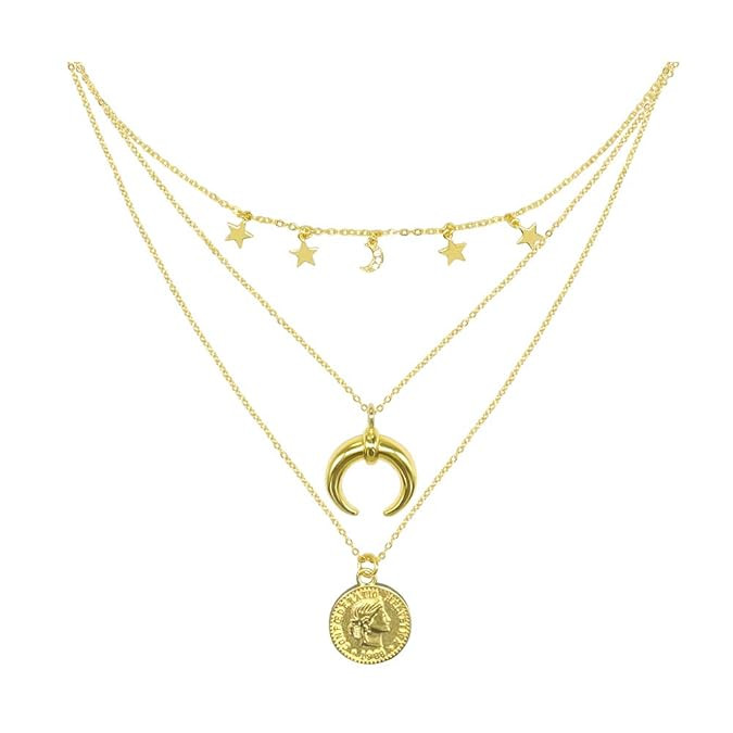 Helnal Moon Layered Choker Necklace Gold Plated Handmade Delicate Multi-Layer Crescent Stars Coin... | Amazon (US)