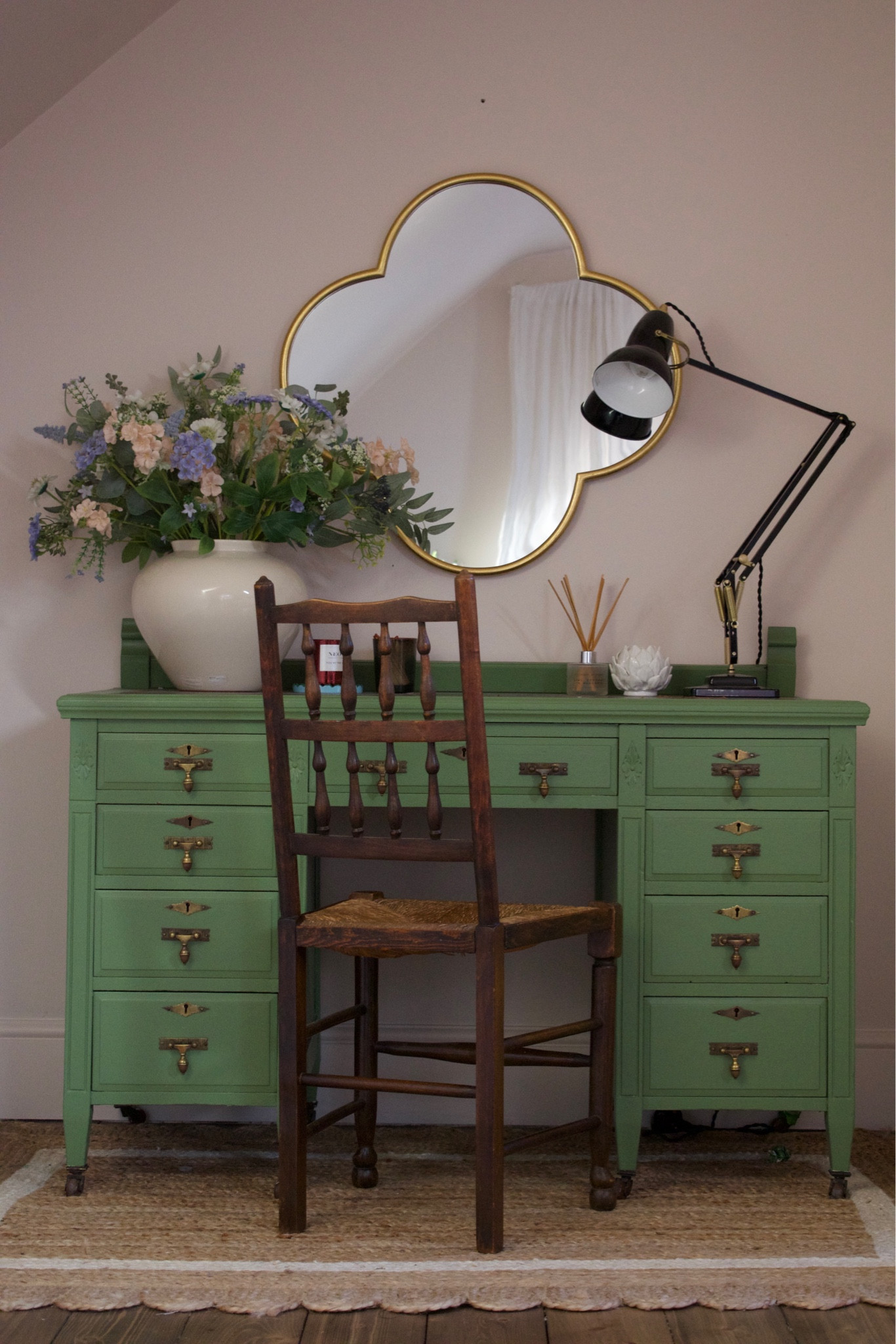 Dressing table come home office space with clover mirror, vintage table & chair, Anglepoise lamp and faux flowers in large terracotta vase .

#LTKover40 #LTKeurope #LTKhome