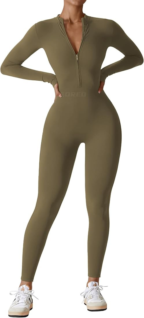 YEOREO Women Long Sleeve Workout Jumpsuit Zip Up Romper Bottom Pants Bodysuit Bodycon Sexy One Pi... | Amazon (US)
