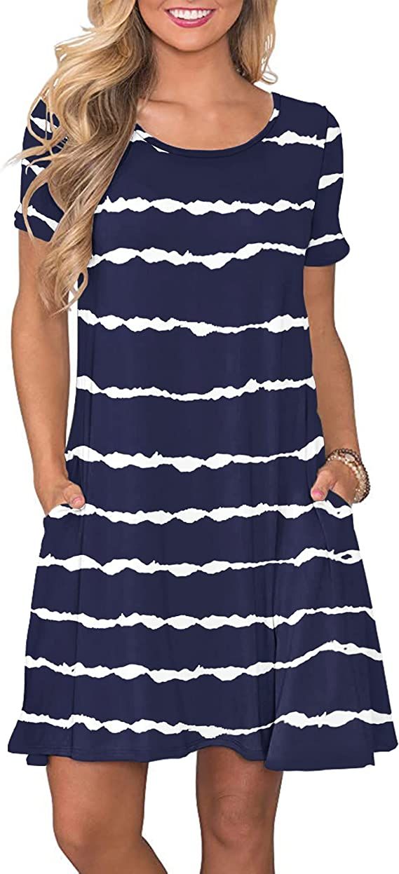 WNEEDU Women's Summer Casual T Shirt Dresses Short Sleeve Swing Dress with Pockets | Amazon (US)