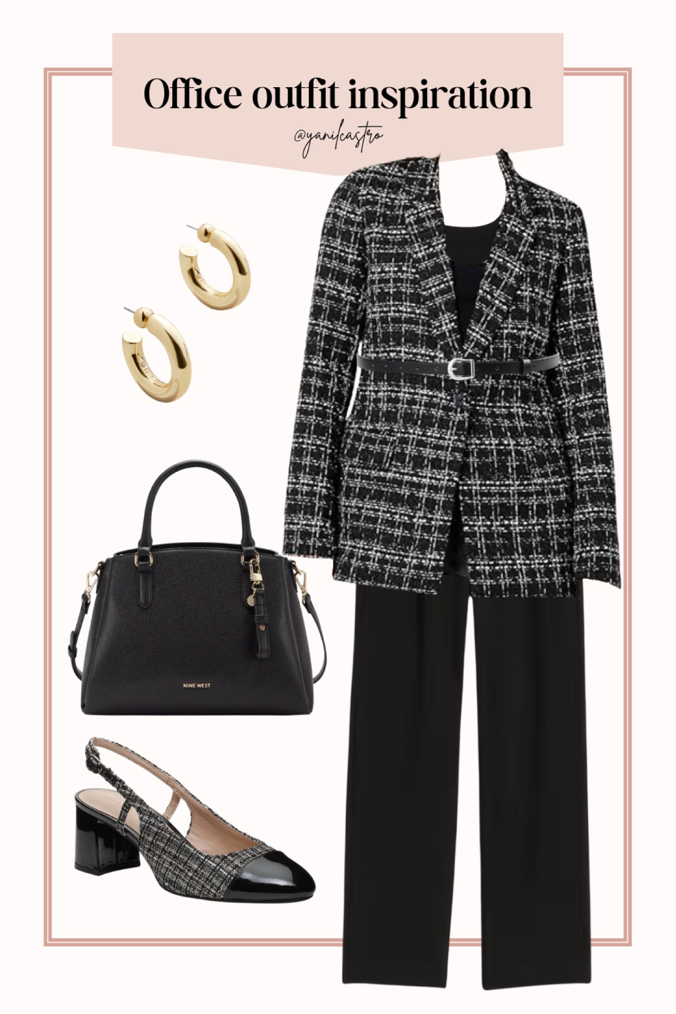 Workwear outfits inspiration 

Black tweed long blazer, skinny belt, gold earrings, black purse, black trousers, black bodysuit, black pumps 

#LTKstyletip #LTKfindsunder50 #LTKworkwear