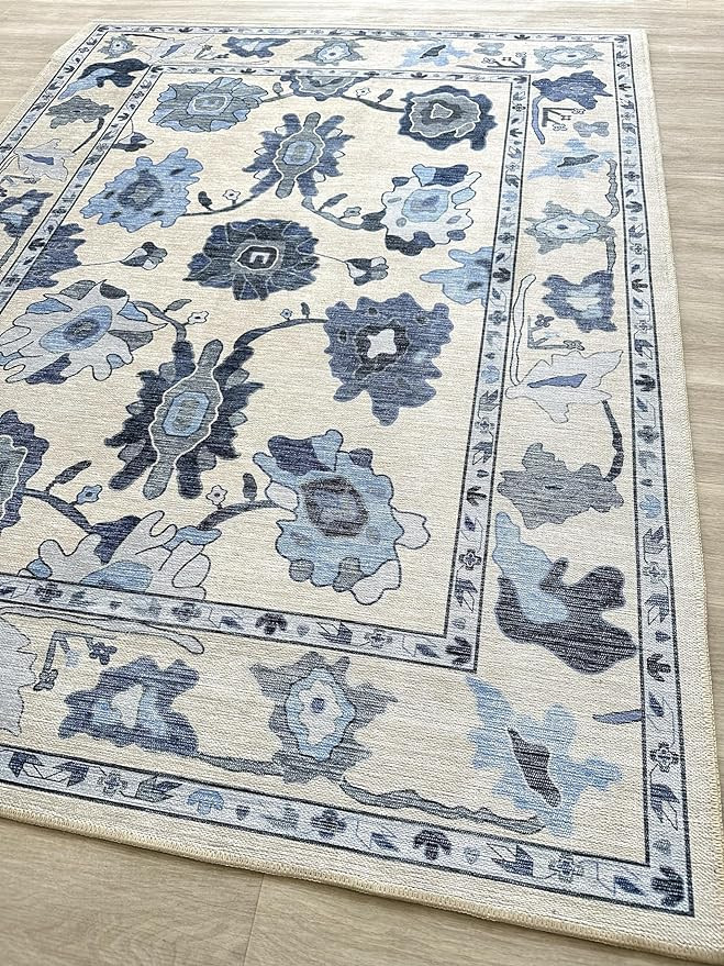 Navy Blue Oushak Rug, Modern Rugs, Vintage, Turkish, Eclectic, Floral, Pastel, Washable, Small Th... | Amazon (US)