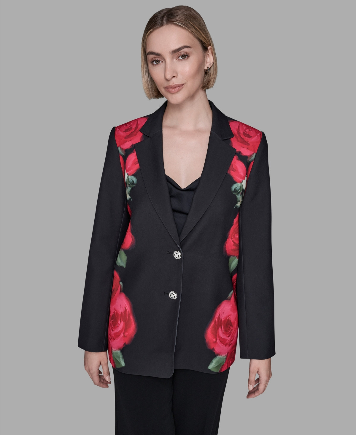 Karl Lagerfeld Paris Women's Floral Print Collar Blazer - Black | Macy's