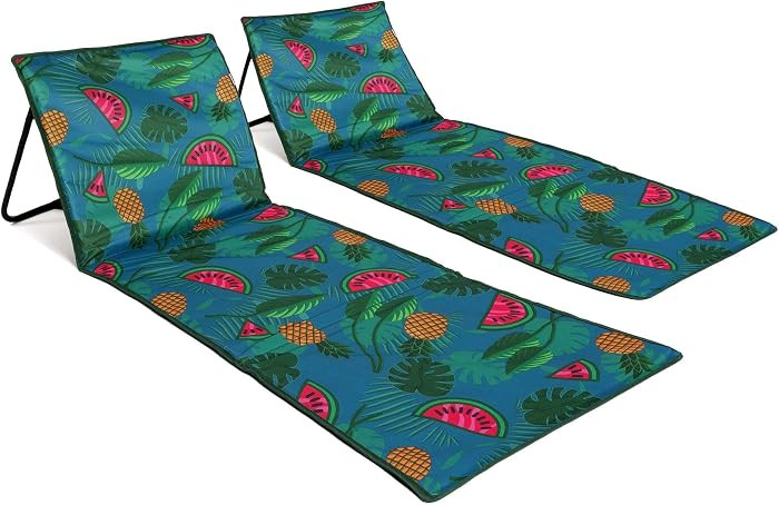 Foldable Beach Chair Mat with Backrest (2-Pack), Lightweight Reclining Beach Mats, Portable Padded Lounge Seats with Carry Strap & Pocket - Tropical | Amazon (US)