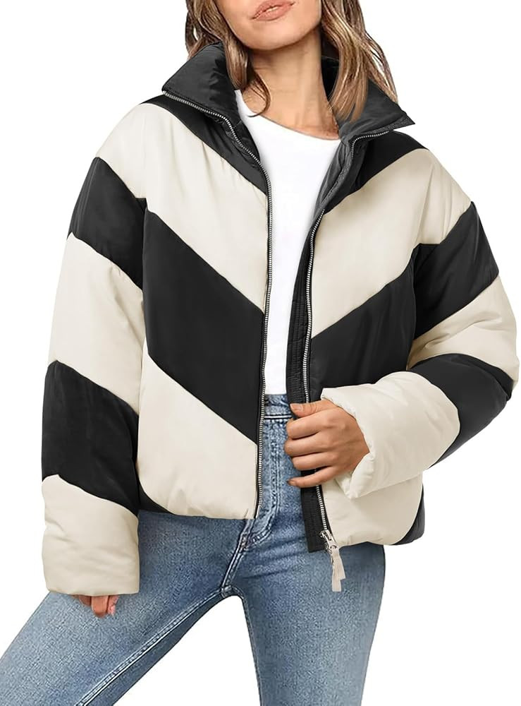 Tankaneo Womens Winter Cropped Puffer Jacket Color Block Zip Up Puffy Down Coats Oversized Outerw... | Amazon (US)