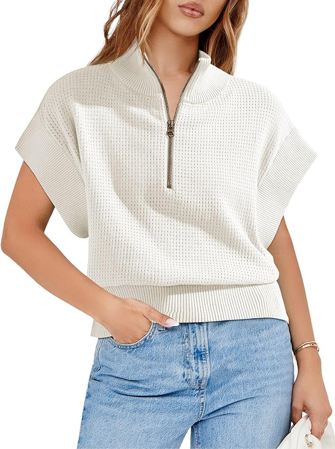 Langwyqu Womens Short Sleeve Cropped Knit Tops Half Zip Cap Sleeve Lightweight Oversized Sweater ... | Amazon (US)