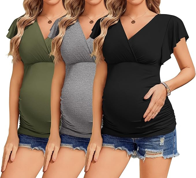 Women's Maternity Shirts 3 Packs Nursing Tops Flying Short Sleeve Breastfeeding Tees Side Ruched ... | Amazon (US)