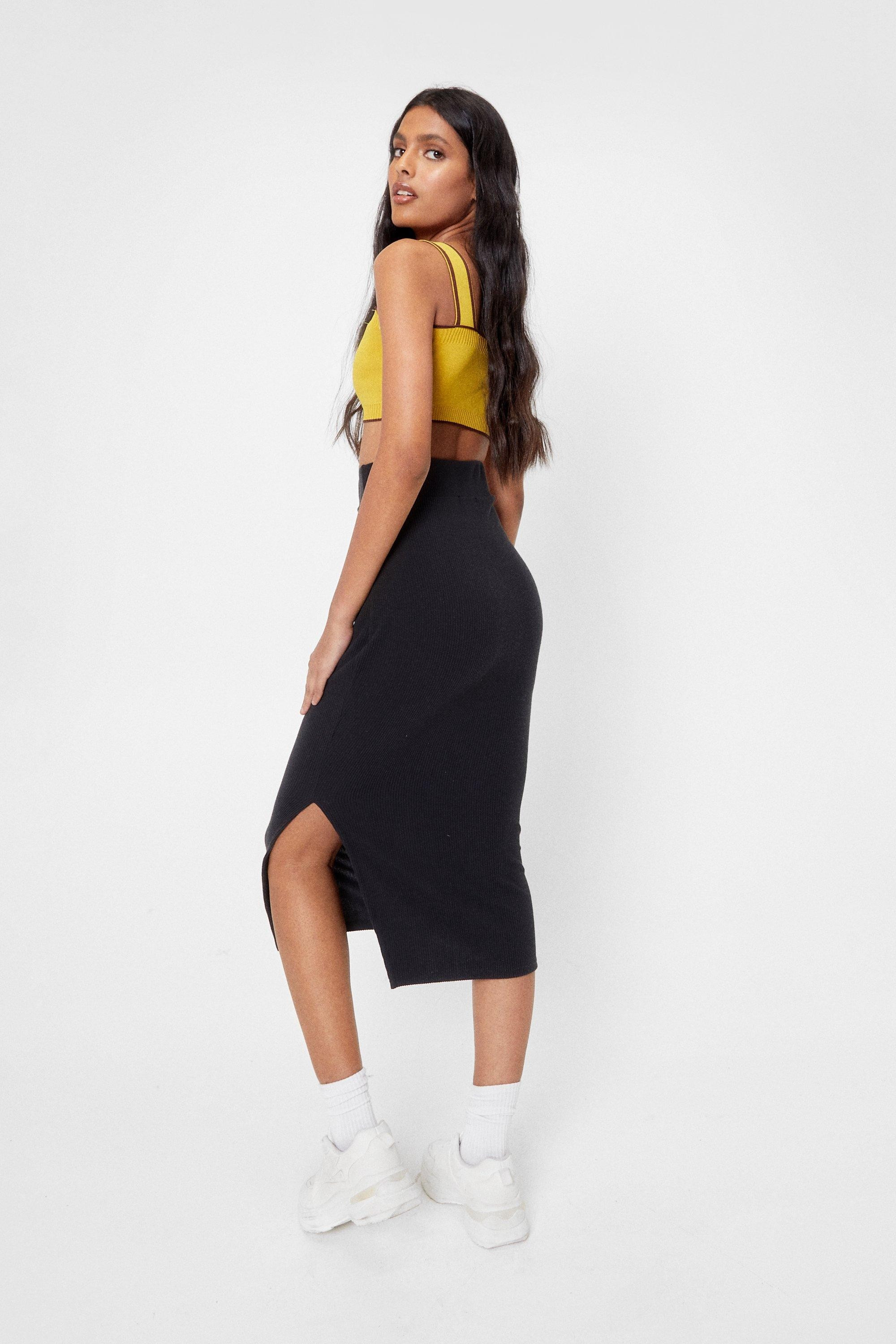 Recycled Ribbed Slit Midi Skirt | Nasty Gal (US)