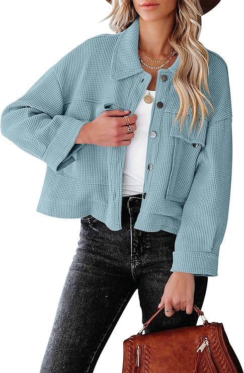 ANRABESS Women Waffle Knit Cropped Shacket Shirt Long Sleeve Collared Button Down Pockets Thermal... | Amazon (US)