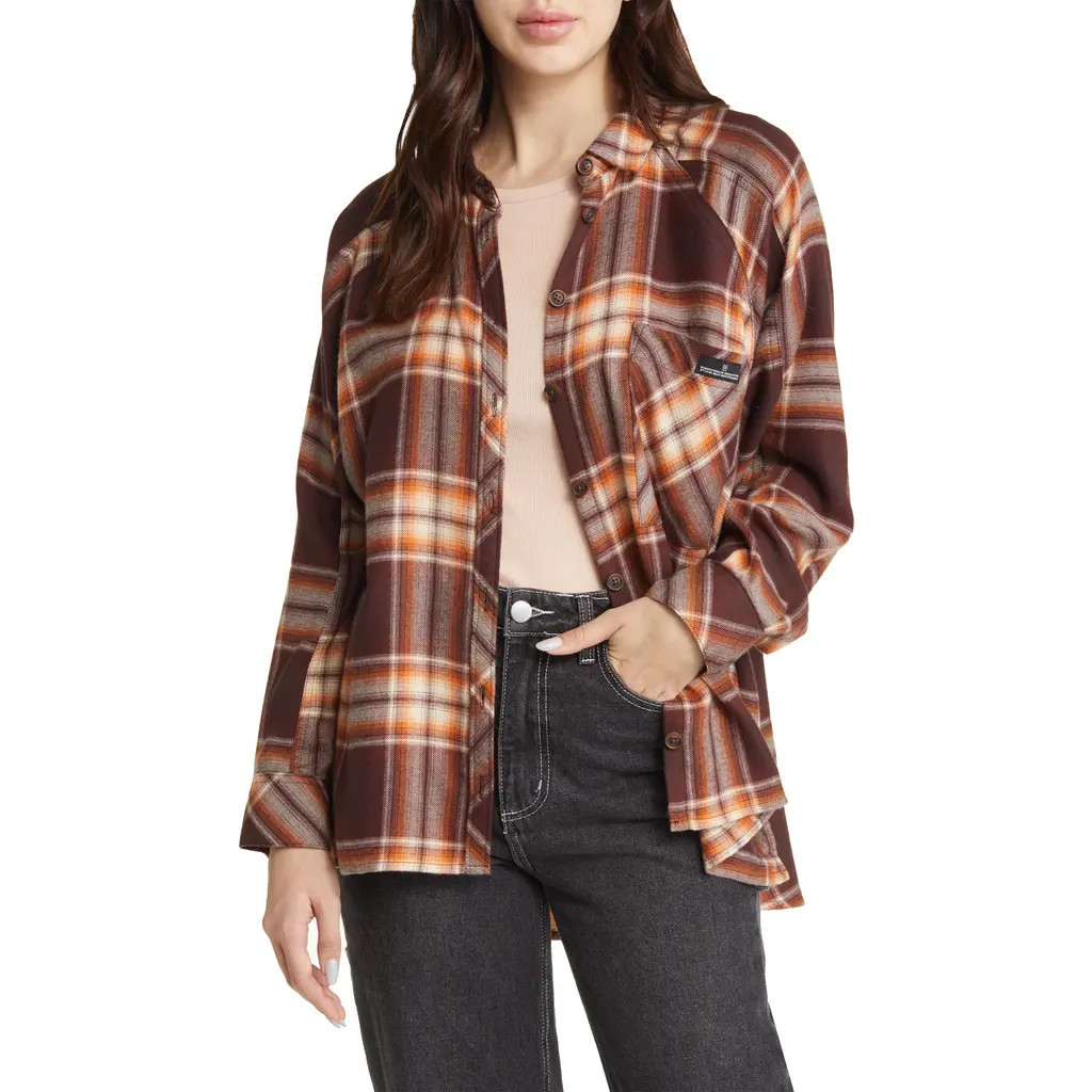 BDG Urban Outfitters Brendon Plaid High-Low Flannel Button-Up Shirt in Brown at Nordstrom, Size X-Large | Nordstrom