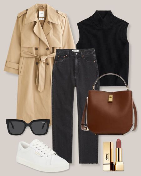 Trench coat
Black sleeveless sweater
Black jeans
Brown bag
Black sunglasses 
Pink lipstick
White sneakers
Abercrombie outfit
Smart casual outfit
Neutral outfit
Transitional outfit 

#LTKfindsunder100 #LTKstyletip #LTKSeasonal