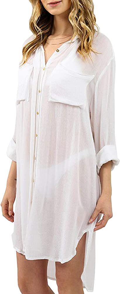 Chunoy Women Casual White Loose Lightweight Swimwear Tunic Top Beach Wear Cover Up Shirt Blouse | Amazon (US)