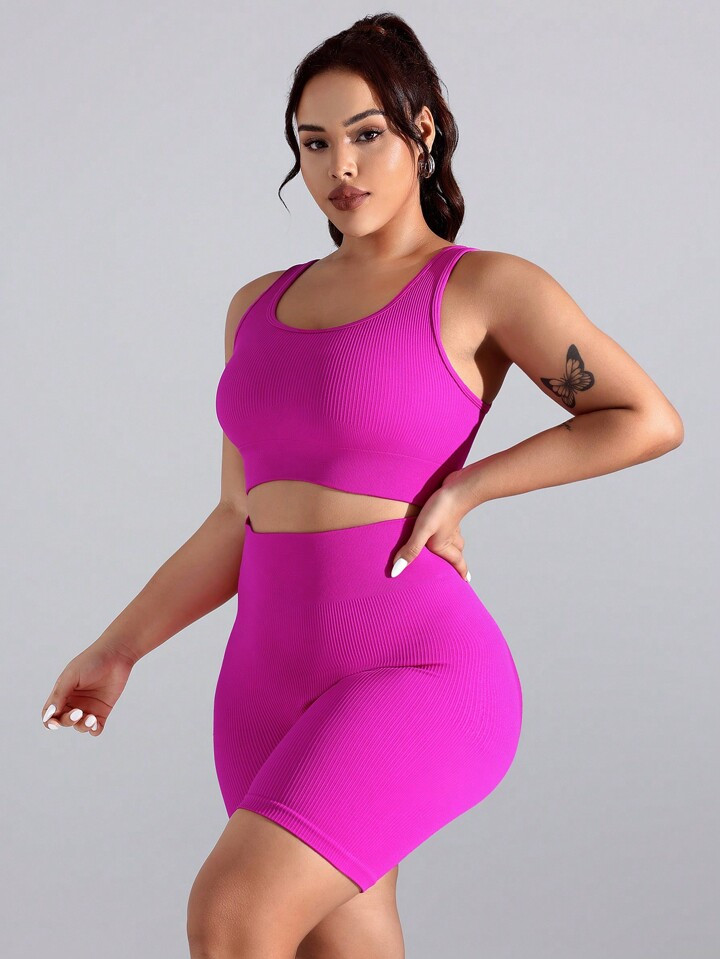 Plus Size Women's Solid Color Seamless Sportswear Set For Daily Wear | SHEIN