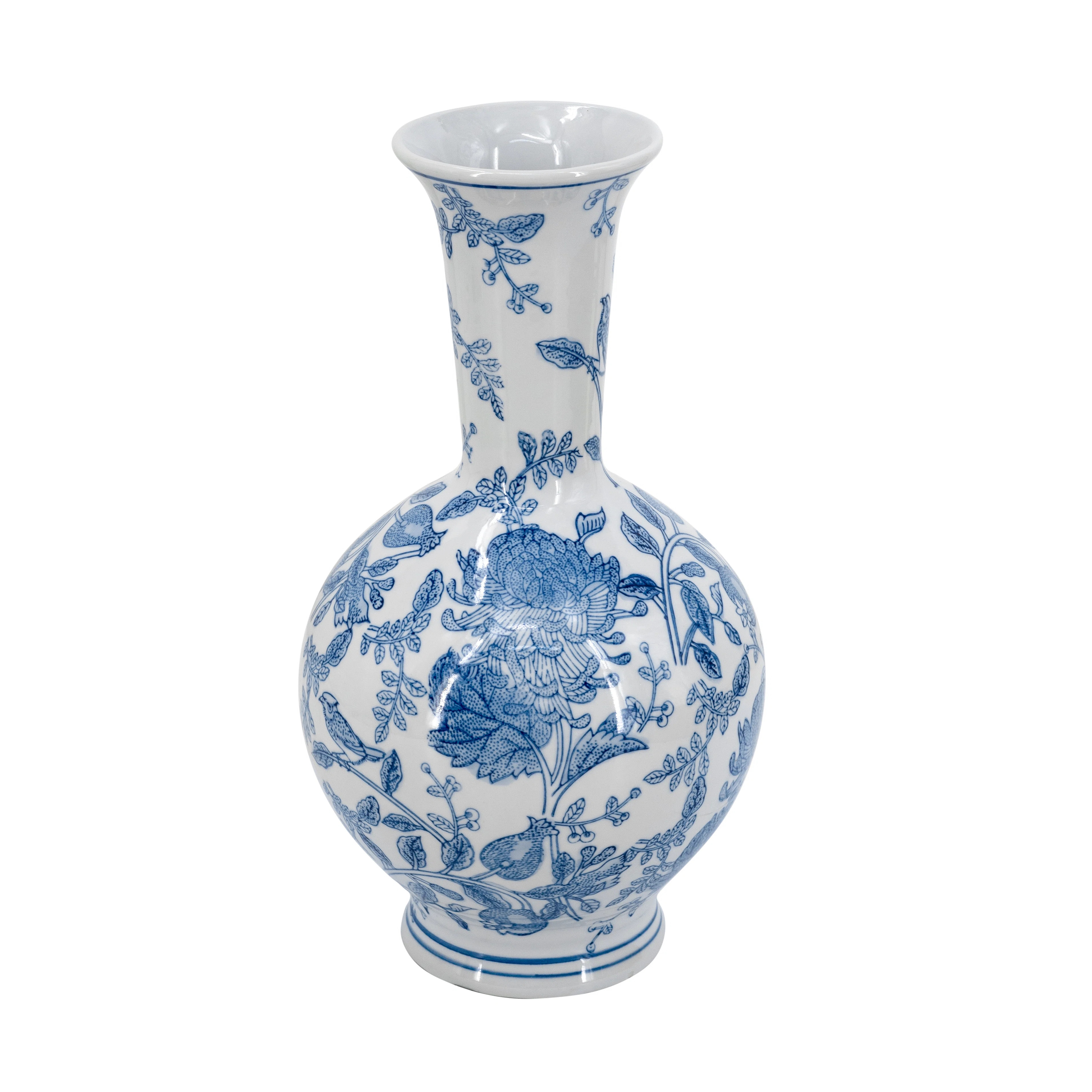 D7.5X14" Round Porcelain Bottle Vase With Blue And White Floral Motifs | Wayfair North America