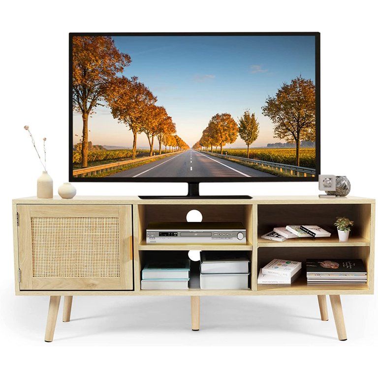 Rattan TV Stand Cabinet TV Console Table with Storage for TV up to 55 inches Mid Century Modern M... | Walmart (US)