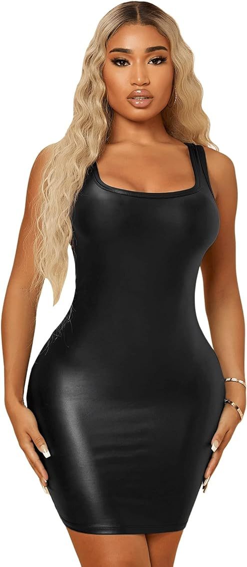 SweatyRocks Women's Sleeveless Bodycon Tank Dress PU Leather Mini Dresses | Amazon (US)