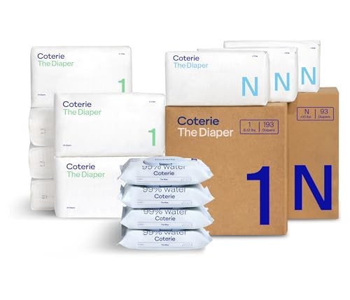 Coterie Baby Wipes + Diapers Kit, Size 1 (198 Count) & Size Newborn Diapers (93 Count), 4 Pack (224) Wipes with 99% Water, Plant Based Materials, Hypoallergenic for Sensitive Skin, Baby Essentials | Amazon (US)