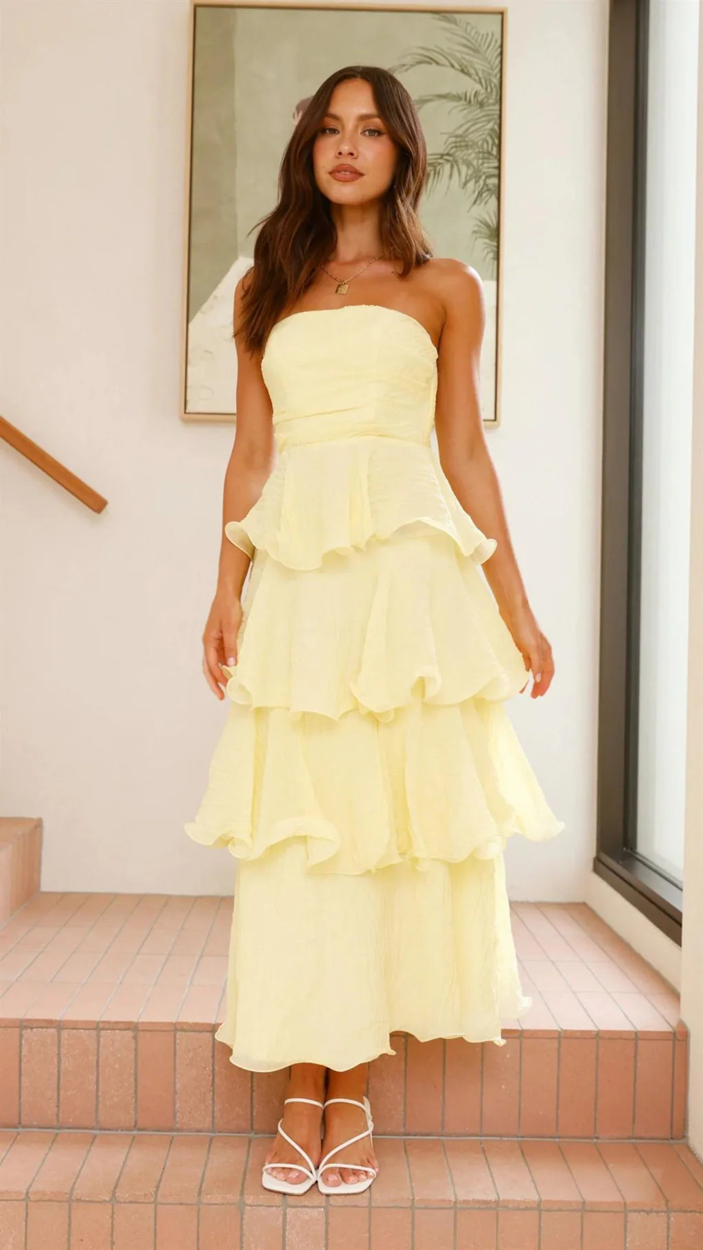 Gabby Maxi Dress - Lemon Yellow - Strapless Tiered Dress | Lady Black Tie
