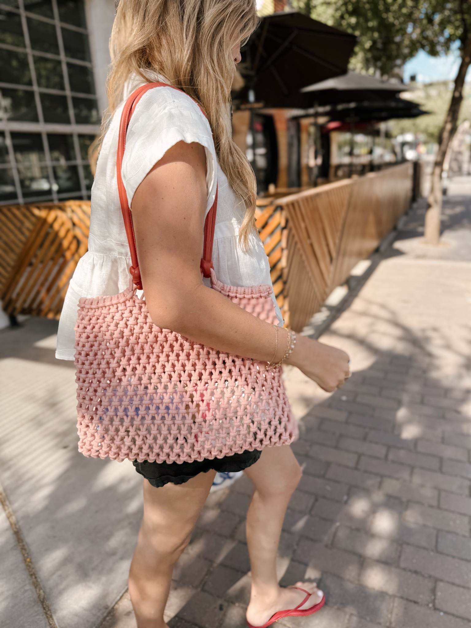 Popping color for summer. This pink Clar V mesh bag and my fav Tkees flips in red were the perfect combo today. #ootd

#LTKOver40 #LTKStyleTip #LTKSeasonal