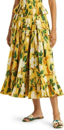 Oscar de la Renta Magnolia Floral Print Tiered Stretch Cotton Midi Skirt | Nordstrom | Nordstrom