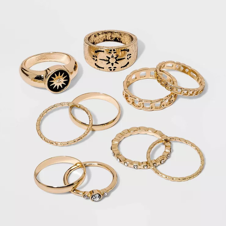 Signet with Starburst and Frozen Chain Ring Set 10pc - Wild Fable™ Gold 7 | Target