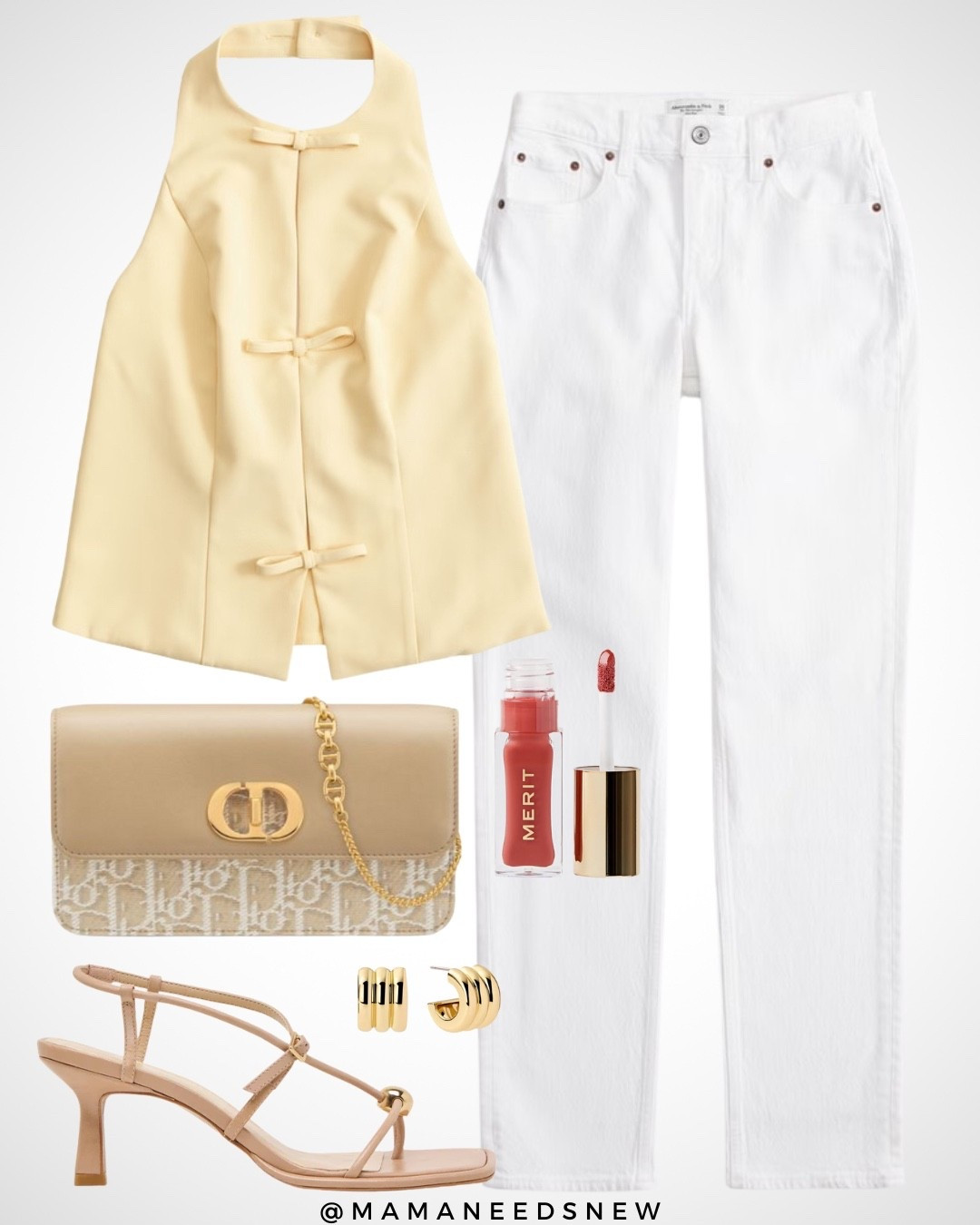 A summer date night / dinner outfit with a butter yellow tie front halter top, white jeans, shoulder bag & strappy heels 💛

#LTKStyleTip #LTKItBag #LTKSaleAlert