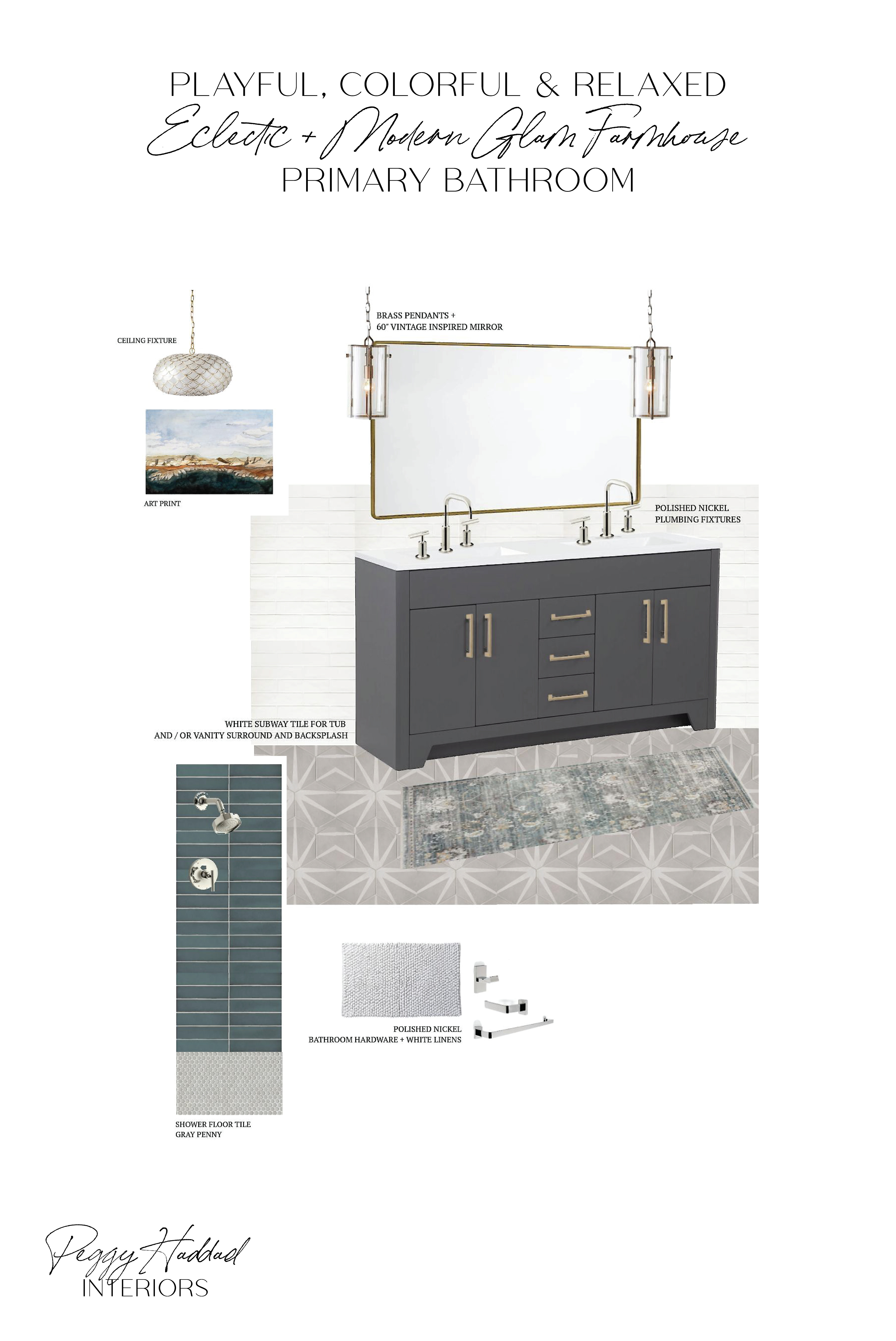 This primary bathroom hits that perfect balance of fresh and warm. We mixed a patterned vanity, marble hex tile, cherry wood floors, and brass finishes to give it character and coziness—with just enough glam to feel special. One of my favorite moments in this whole home.
#primarybathroom #bathroominspo #glamfarmhouse #eclecticdecor #brassfixtures #interiordetails #LTKhome 

 #LTKHome #LTKFindsUnder100