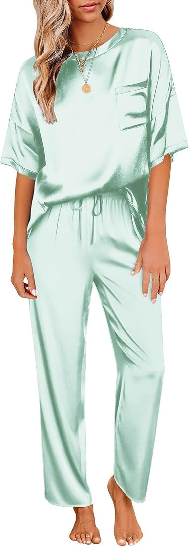 Ekouaer Womens Satin Silky Pajama Set Short Sleeve Shirt with Long Pajama Pant Set Soft PJ Lounge... | Amazon (US)