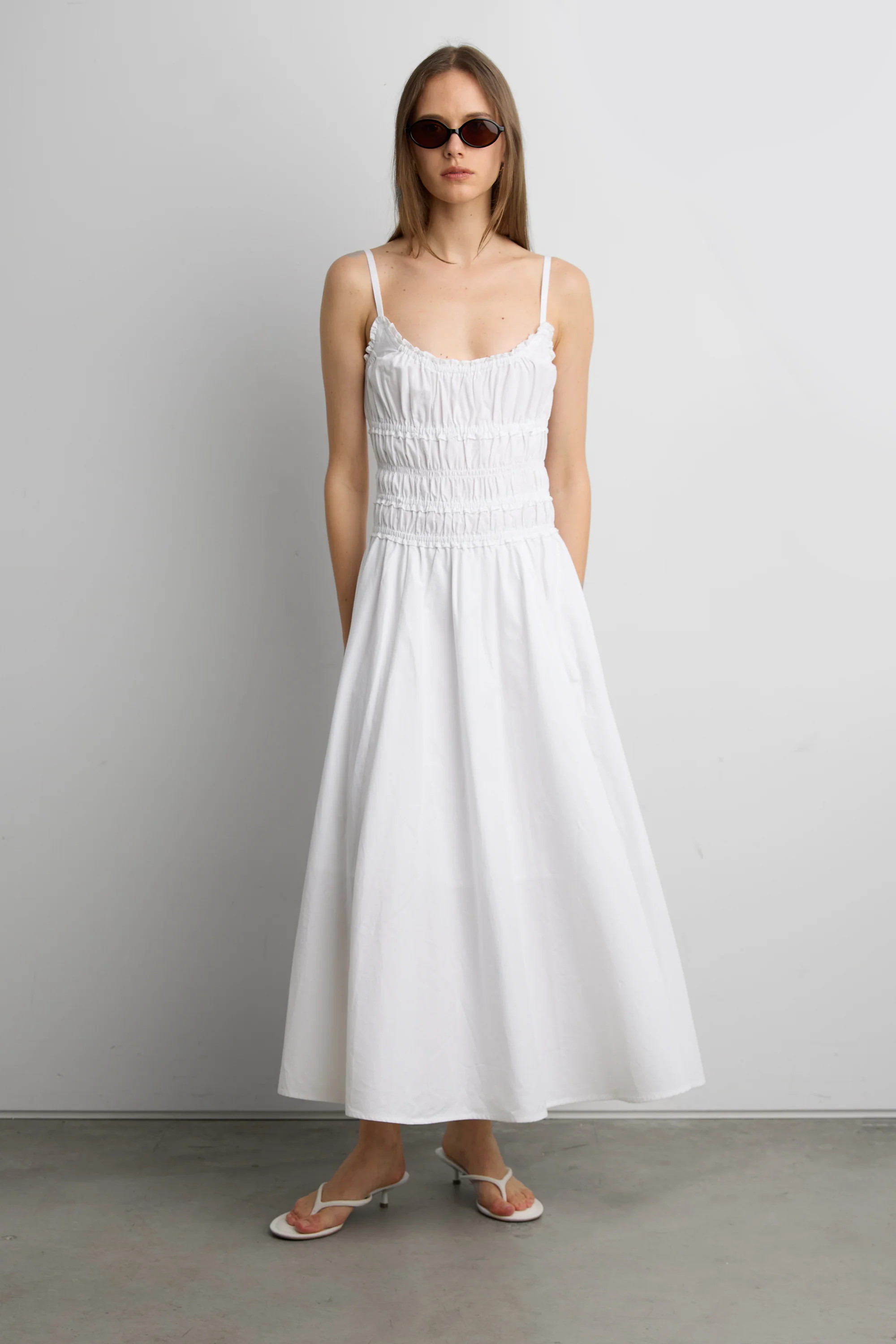 SHIRRED COTTON POPLIN MIDI DRESS | OAK + FORT