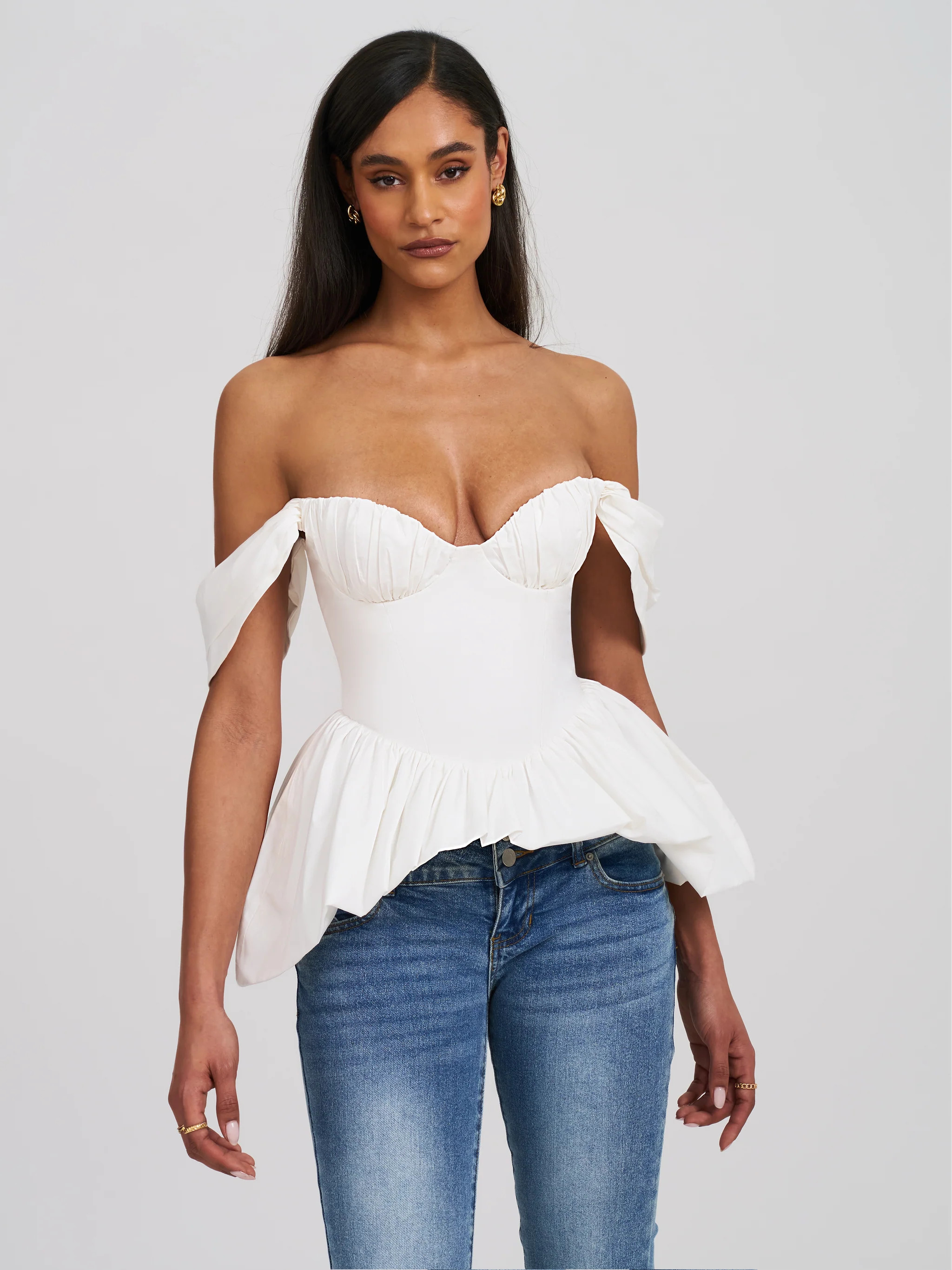 Qistina White Off-shoulder Bubble Hem Peplum Cotton Top | Miss Circle