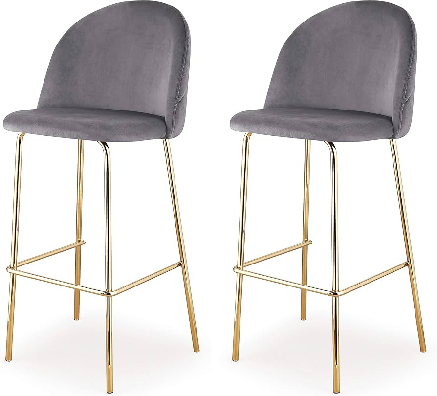 Meelano Tone Bar Stool, Set of 2, Gold, Gray Performance Velvet | Amazon (US)
