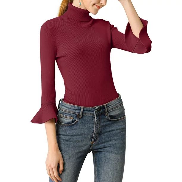 Unique Bargains Women's Ruffle Sleeves Turtleneck Knit Sweater Shirt | Walmart (US)