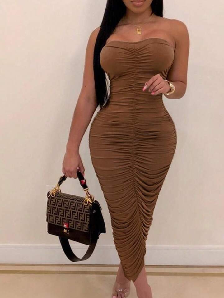 SHEIN Slayr Women Summer Solid Color Ruched Slim Fit Strapless Dress | SHEIN