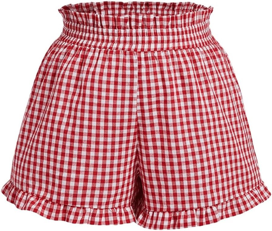 SHENHE Women's Plus Size Plaid Ruffled Paperbag Waist Wide Leg Loose Mini Shorts | Amazon (US)