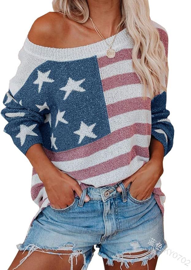 Joupbjw Women's Off Shoulder Sweaters American Flag Knitted Pullover Sweater Tops | Amazon (US)