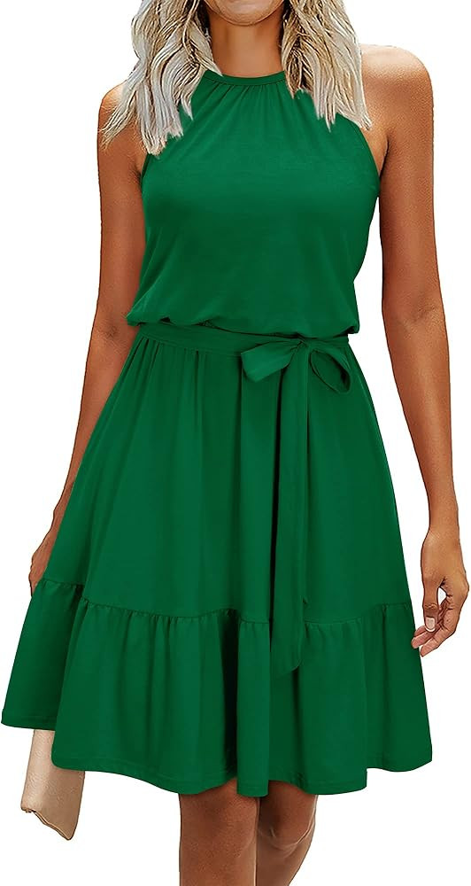 Newshows Womens 2025 Summer Dress Halter Wedding Guest Casual Beach Vacation Outfits Belted Sundr... | Amazon (US)