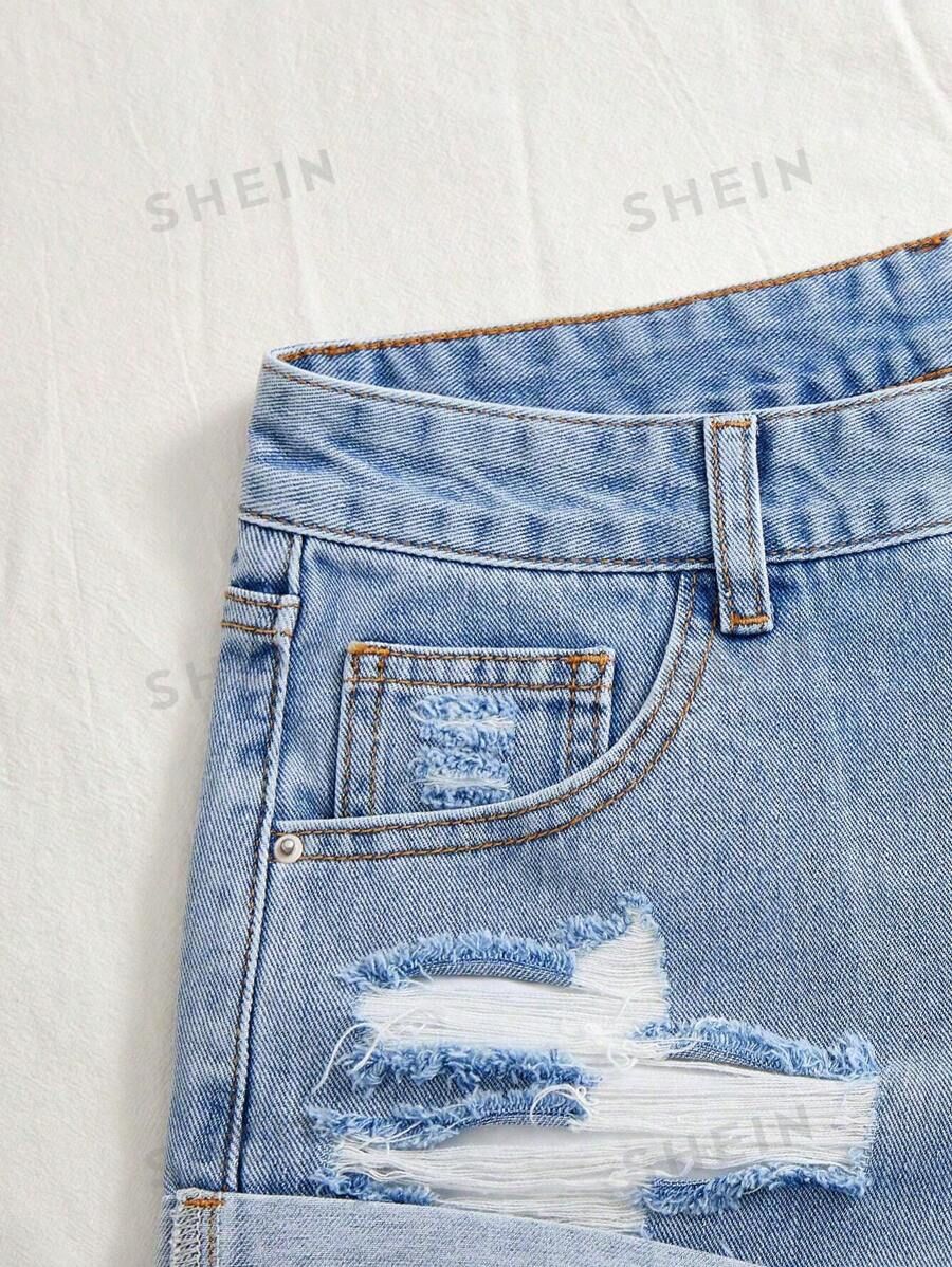 Women Casual Denim Shorts With Pockets, Distressed Detailing, Rolled Hem | SHEIN
