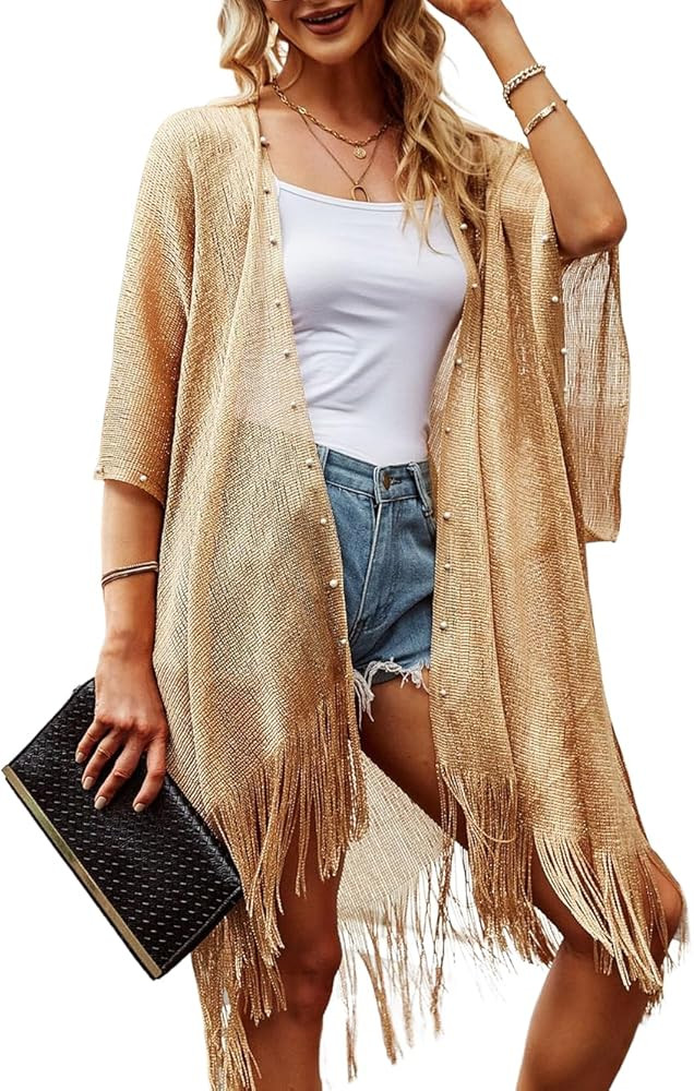 Ferand Women's Pearl Fringe Kimono Cardigan Sheer Loose Swim Cover Up for Beach, Pool, and Vacati... | Amazon (US)