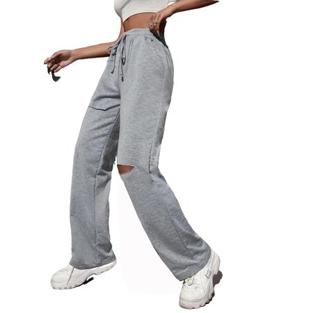 Womens Casual Pants Drawstring Waist Ripped Straingt leg Solid Sweatpants Grey S | Walmart (US)
