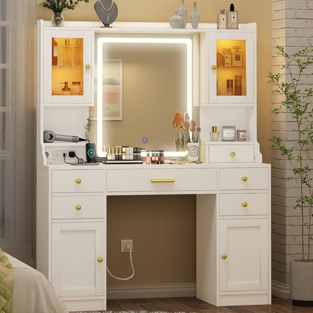 Vanity Desk with LED Lighted Mirror & Charging Station, Large Makeup Vanity Table with 6 Drawers,... | Amazon (US)