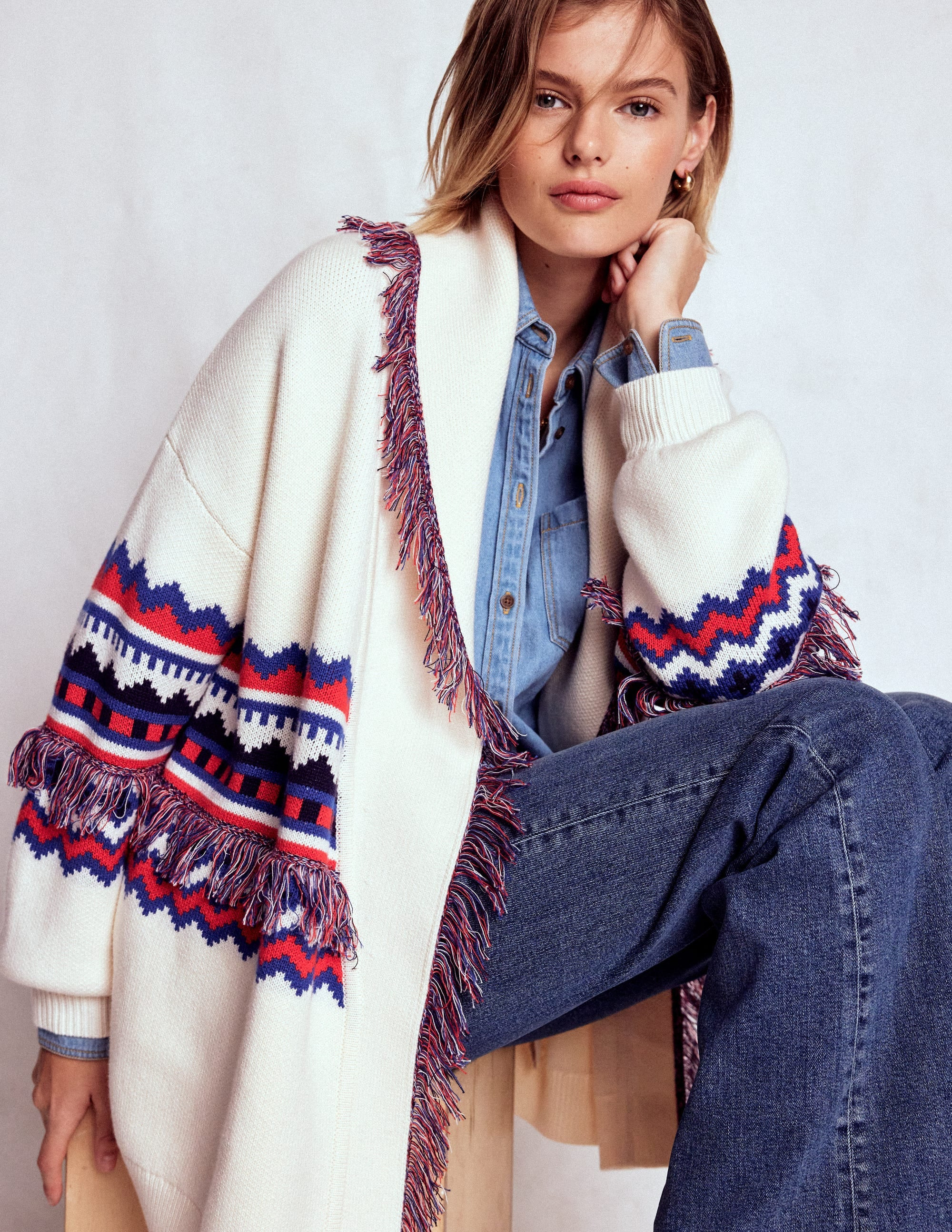 Fringed Jacquard Cardigan-Warm Ivory Melange | Boden (US)
