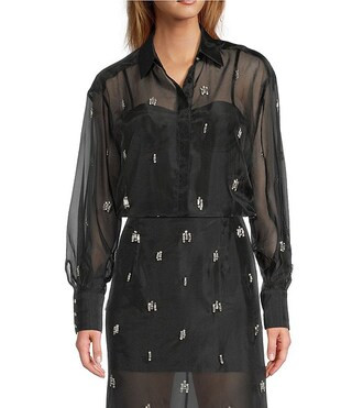 Priscilla Coordinating Sheer Organza Jewel Embellished Point Collar Long Sleeve Button Front Blou... | Dillard's