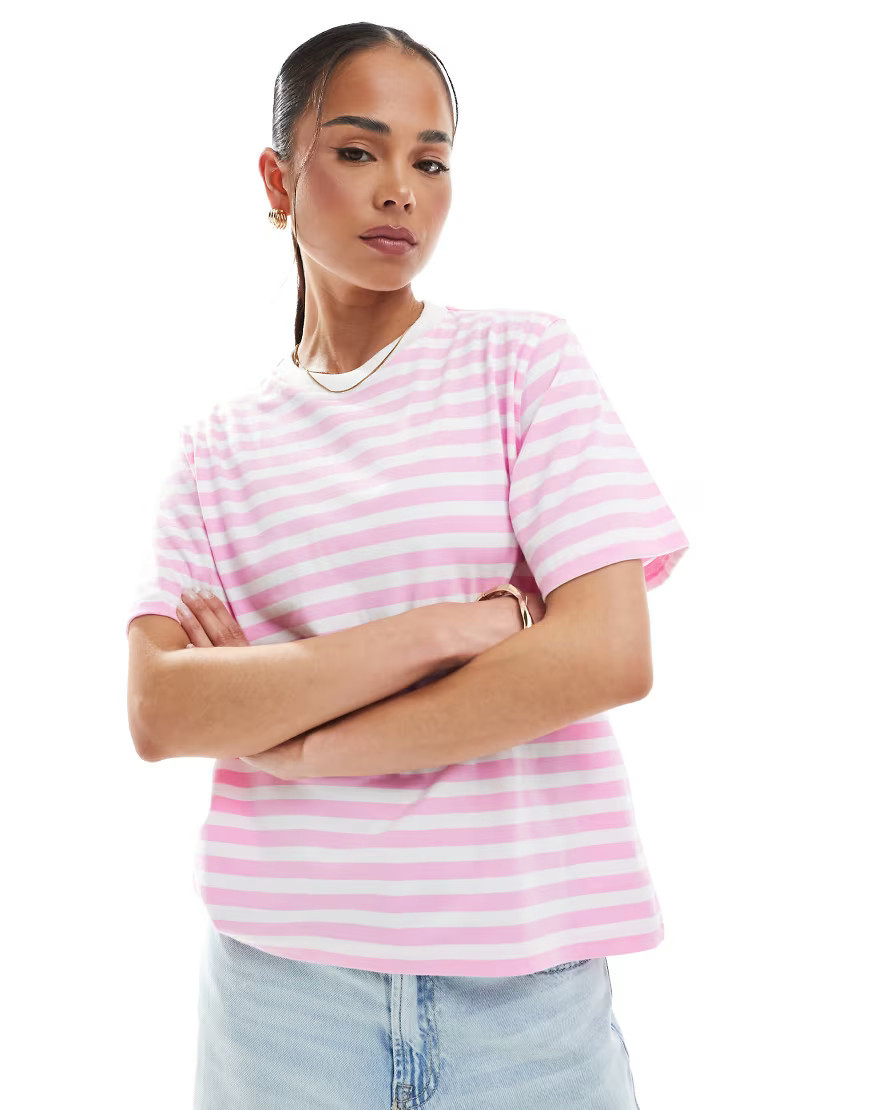 ONLY contrast neck t-shirt in pink & white stripe | ASOS (Global)
