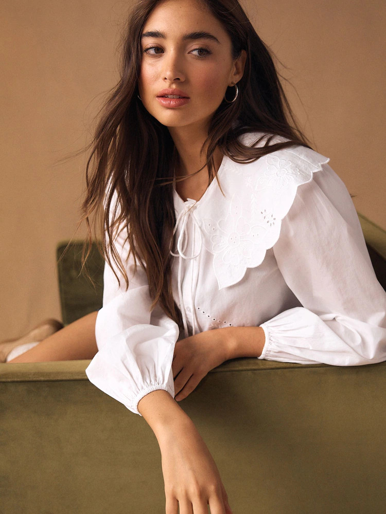 White Statement Collar Broderie Long Sleeve Blouse | Next EU
