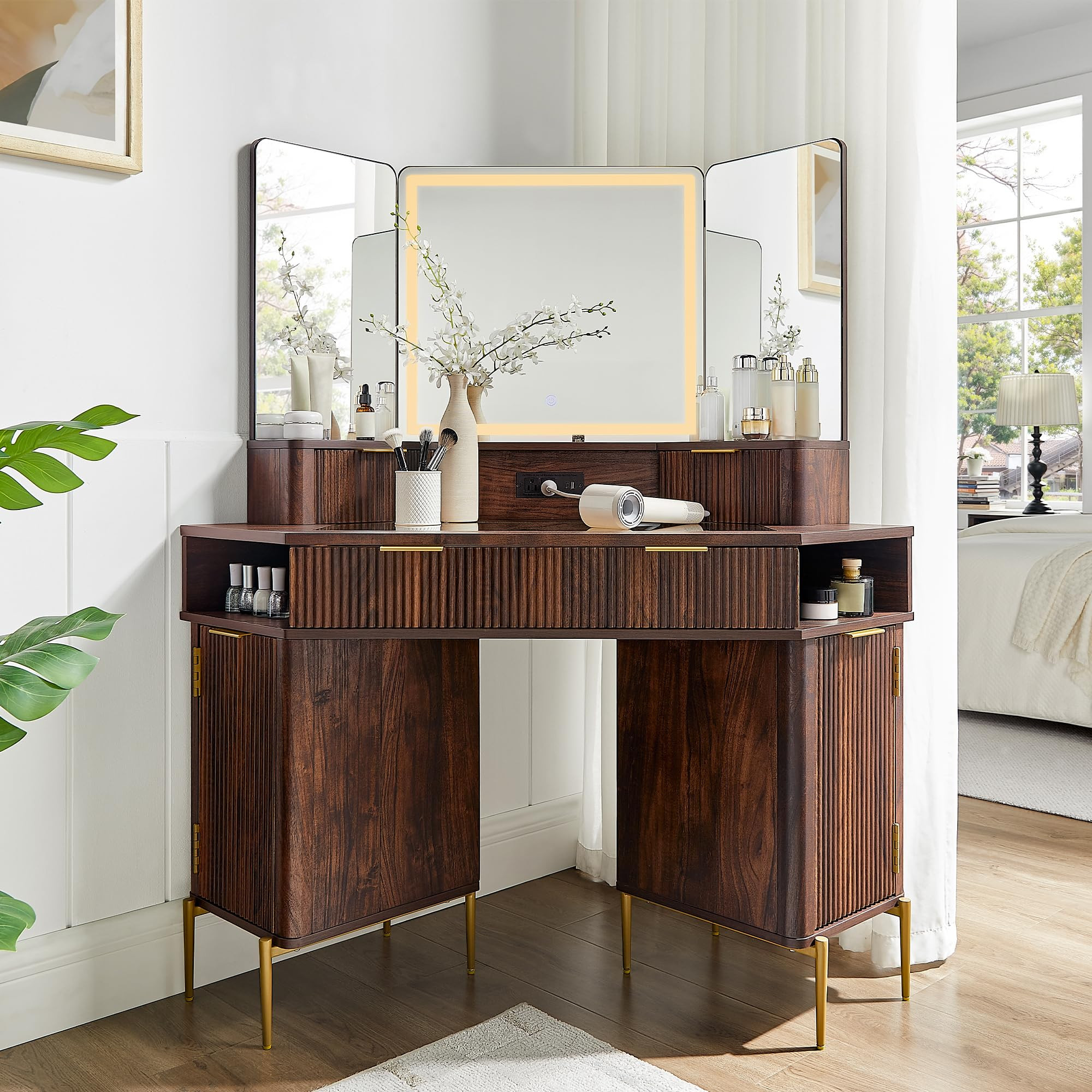 T4TREAM 48" Fluted Makeup Vanity Desk with HD Triple Mirror and Lights, Large Lighted Corner Vani... | Amazon (US)