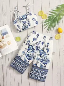 SHEIN Baby Floral Print Knotted Shoulder Cami Top & Pants | SHEIN