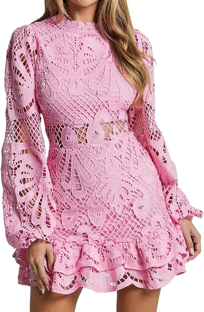 Women's Spring Long Sleeve Embroidery Mini Dress Ruffle Hollow Out Sexy Lace Dress | Amazon (US)