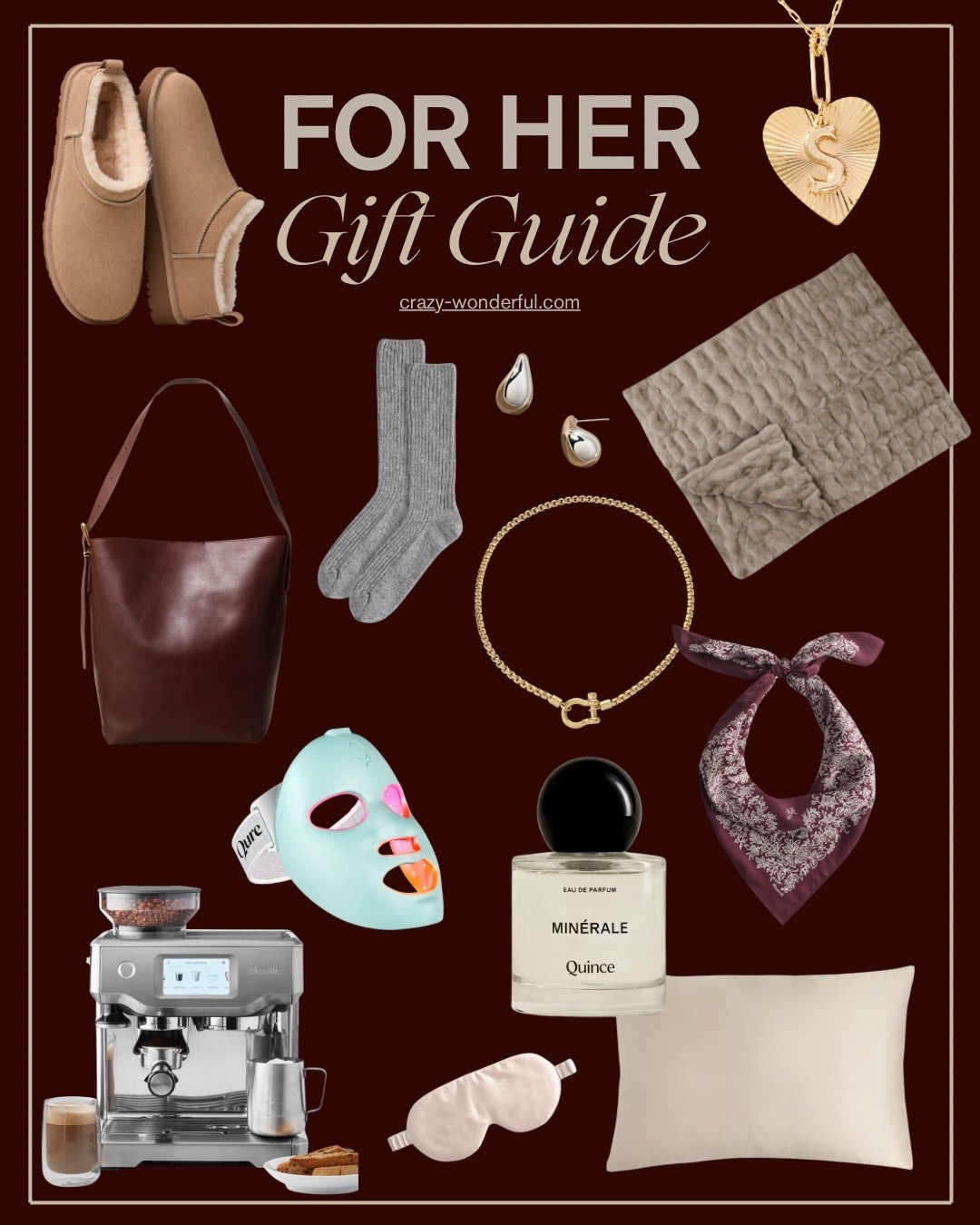 ✨ GIFT GUIDE FOR HER ✨ 

Whether you’re looking for a gift for yourself, mother, sister, daughter, or friend this list has you covered with a variety of price ranges.

Ugg micro boots, gold initial necklace, gold carabiner necklace, silver teardrop earrings, cashmere socks, silk pillowcase, silk eye mask, burgundy leather tote, burgundy silk scarf, perfume, espresso machine, led face mask



#LTKGiftGuide #LTKHoliday